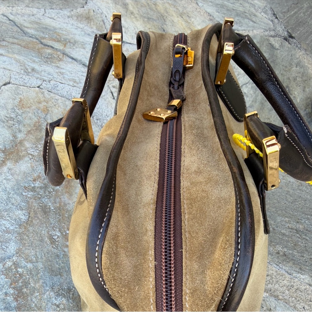 Authentic Loewe Suede Tan and Black Handbag with Embroidered Logo - Picture 4 of 16
